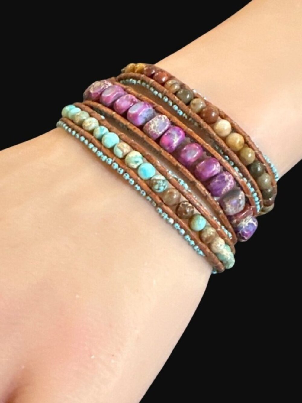 Natural Stone Wrap Bracelet Leather Jasper Agate Blue Purple Womens Jewelry